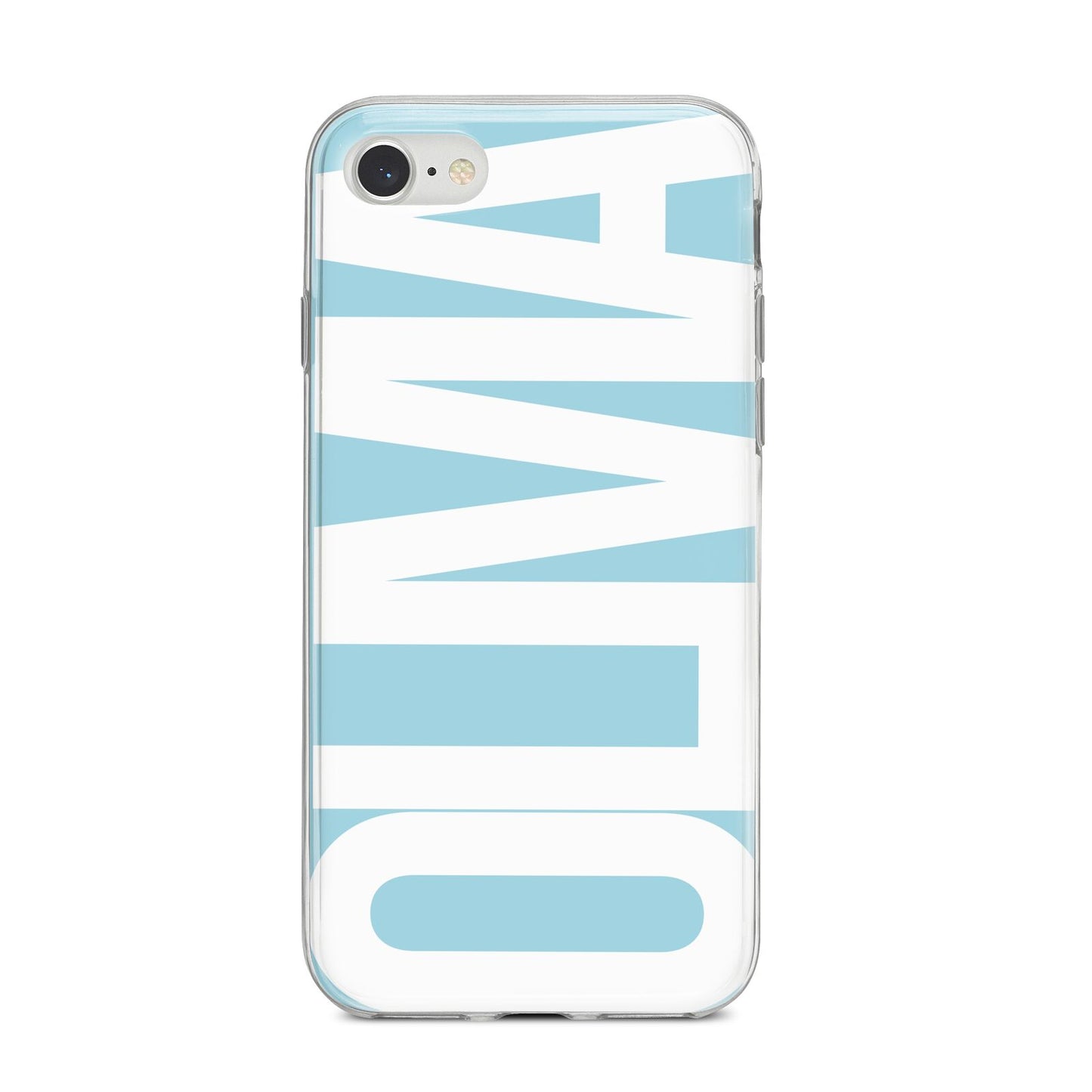 Light Blue with Bold White Name iPhone 8 Bumper Case on Silver iPhone