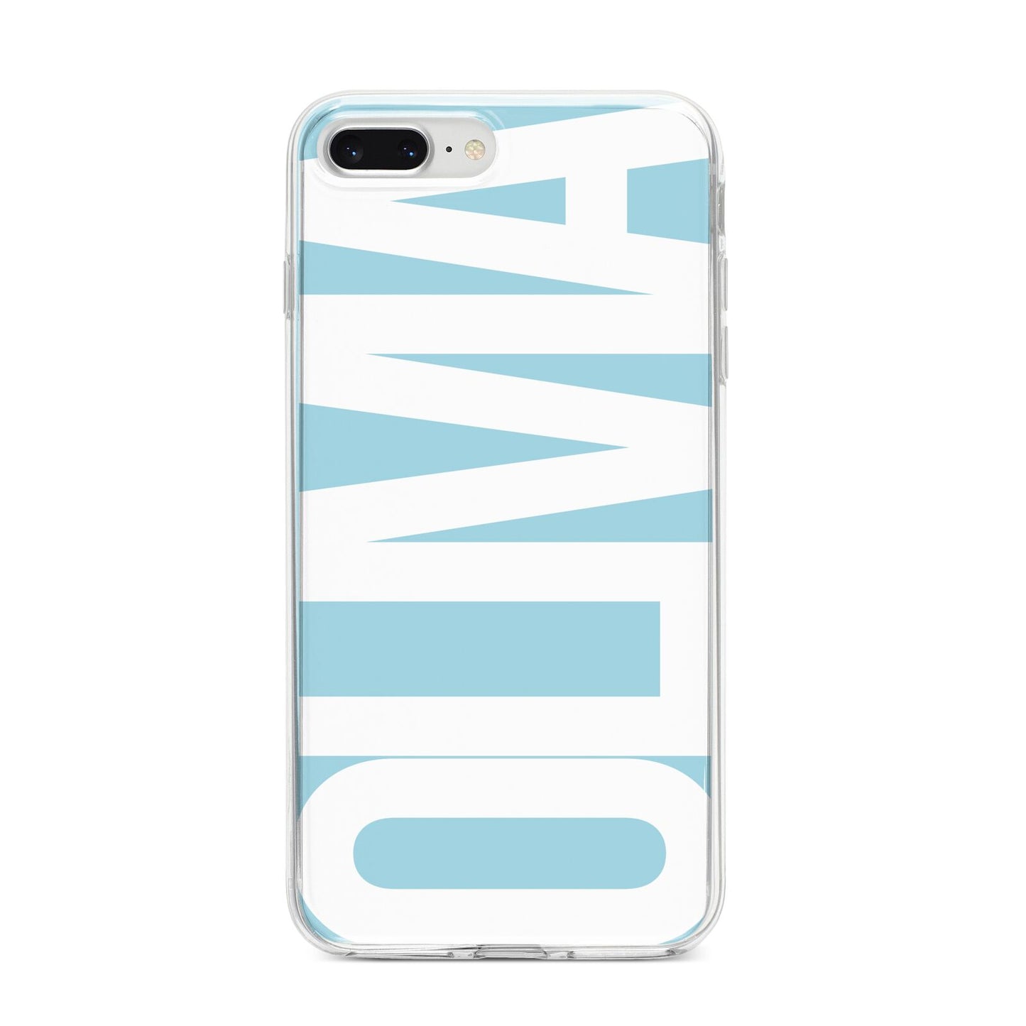 Light Blue with Bold White Name iPhone 8 Plus Bumper Case on Silver iPhone