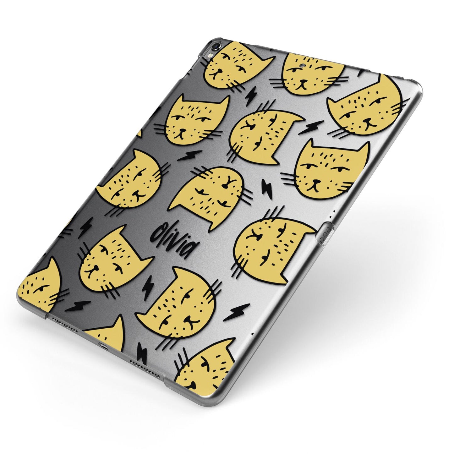 Lightning Cat Face Custom Apple iPad Case on Grey iPad Side View