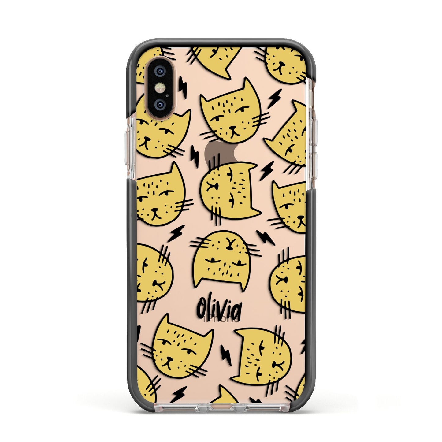 Lightning Cat Face Custom Apple iPhone Xs Impact Case Black Edge on Gold Phone