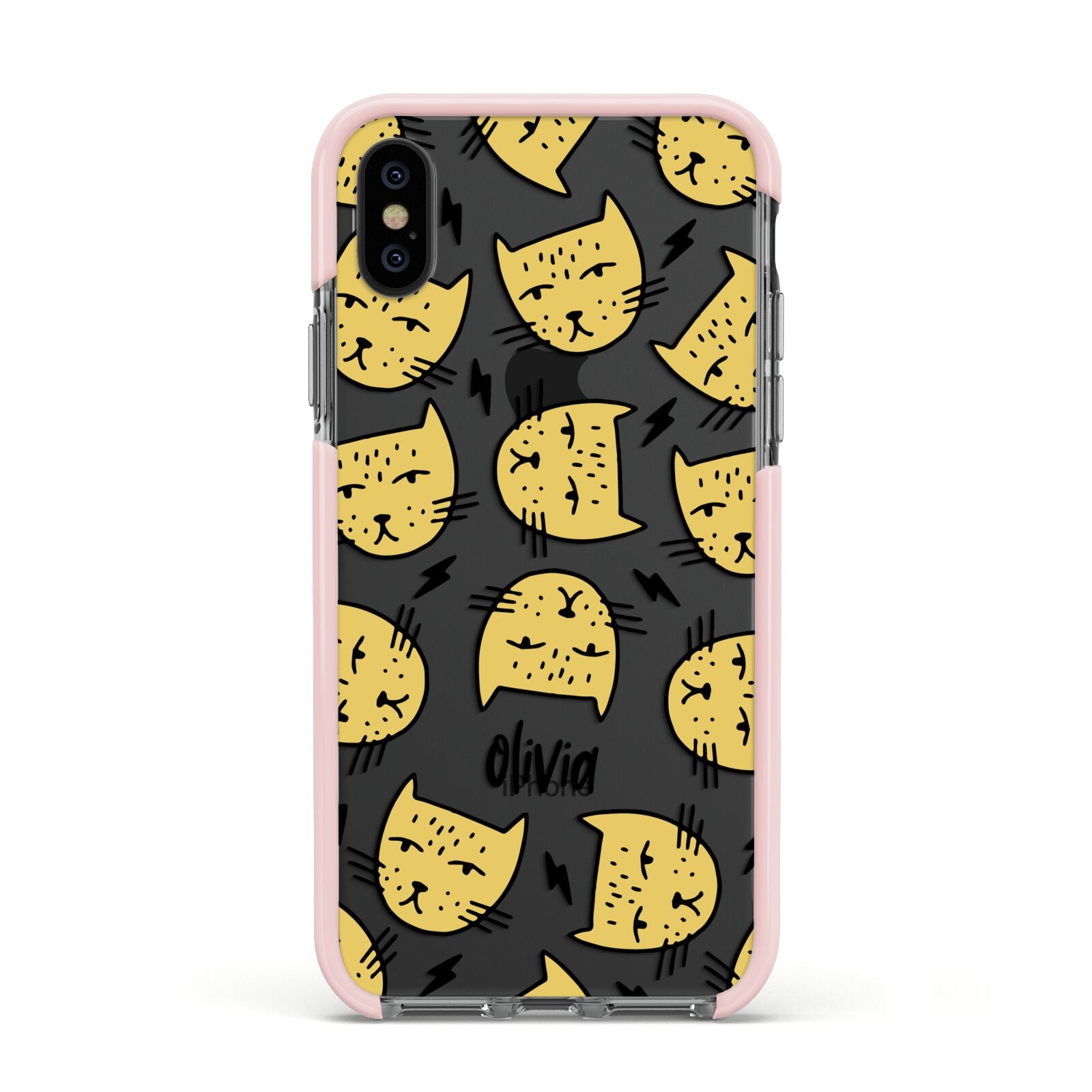 Lightning Cat Face Custom Apple iPhone Xs Impact Case Pink Edge on Black Phone