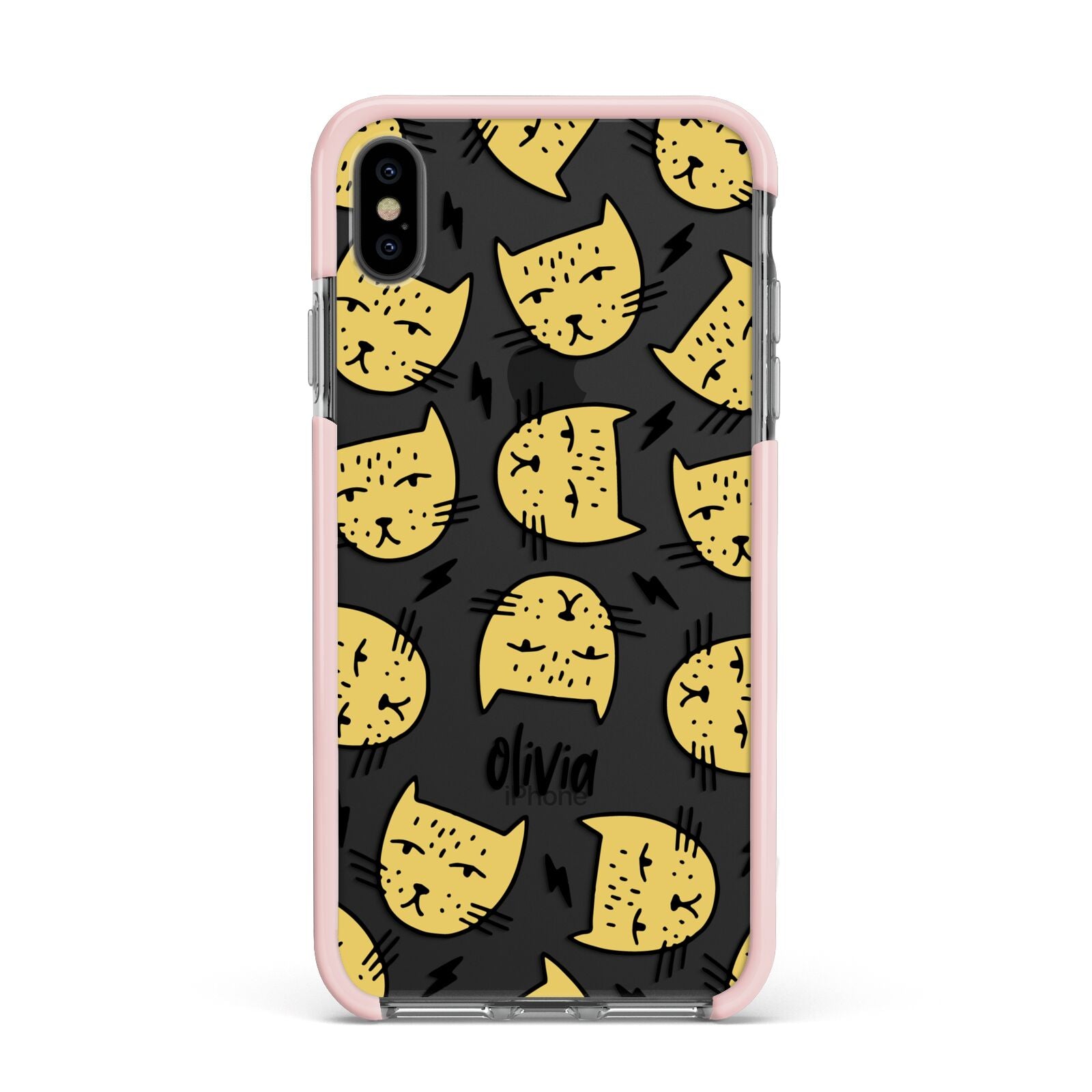 Lightning Cat Face Custom Apple iPhone Xs Max Impact Case Pink Edge on Black Phone