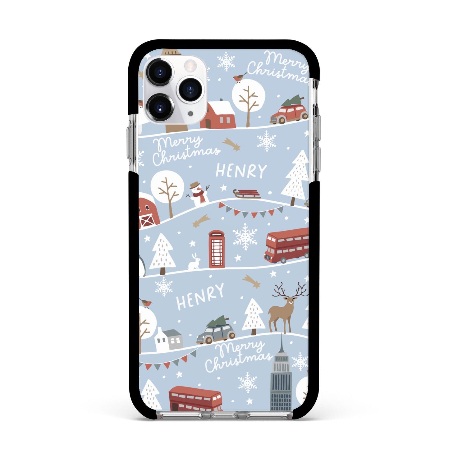 London Christmas Scene Personalised Apple iPhone 11 Pro Max in Silver with Black Impact Case