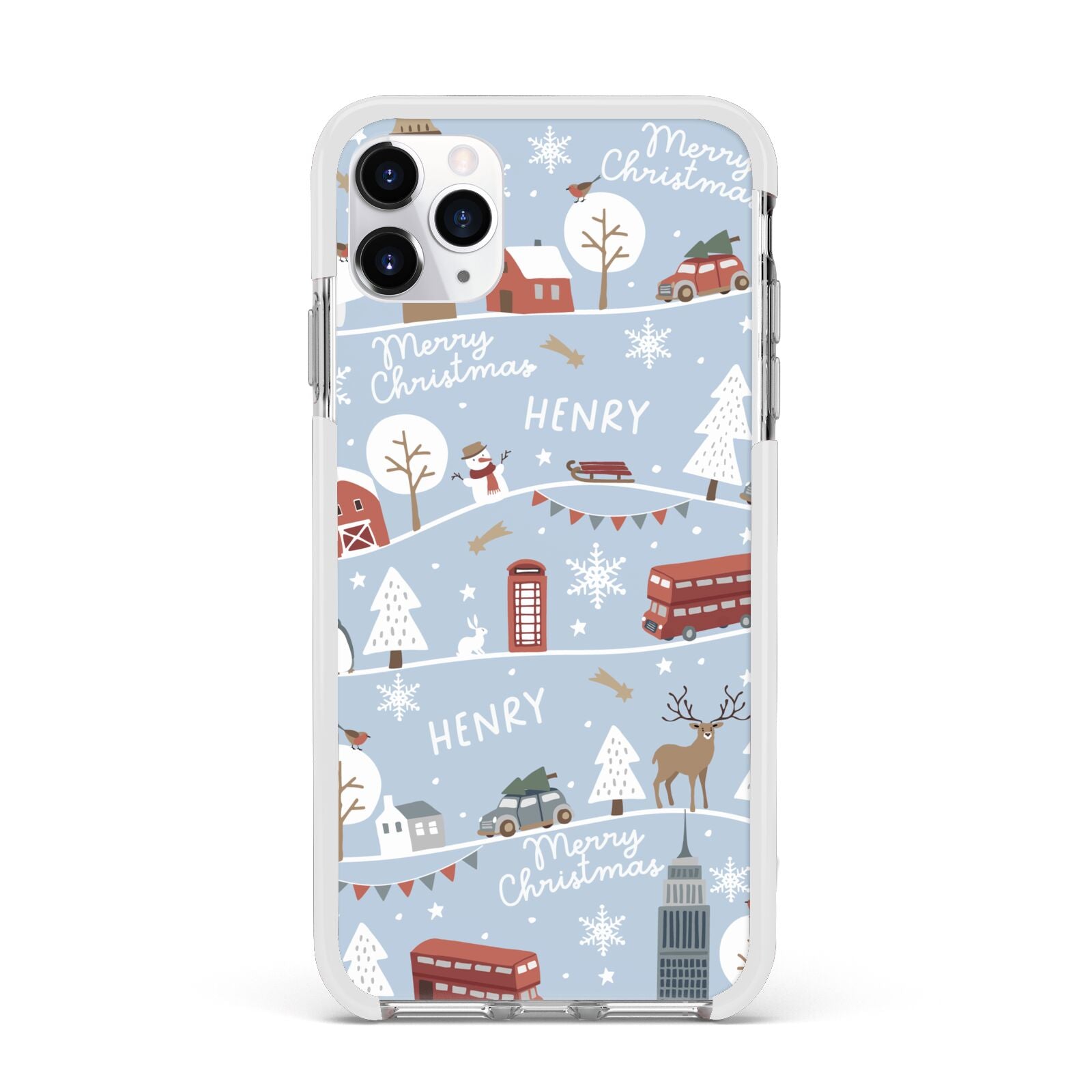 London Christmas Scene Personalised Apple iPhone 11 Pro Max in Silver with White Impact Case