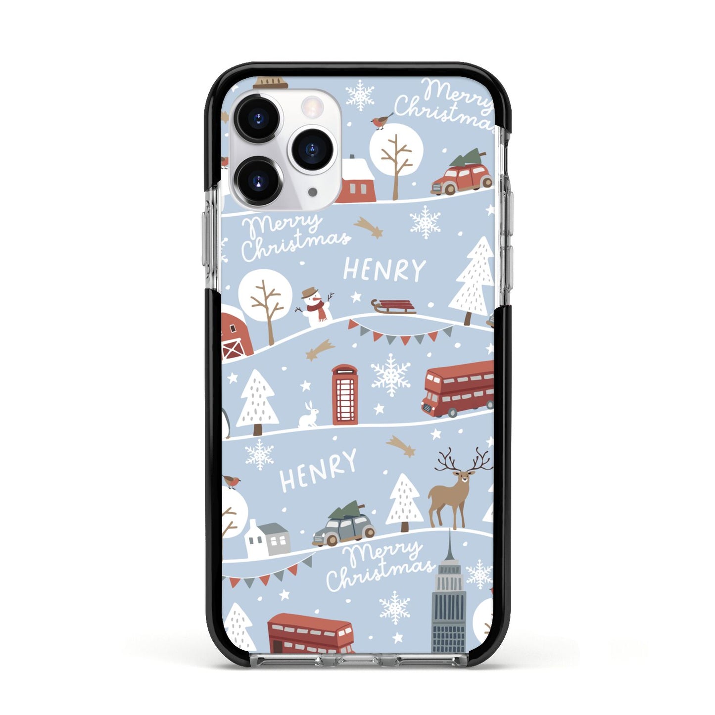 London Christmas Scene Personalised Apple iPhone 11 Pro in Silver with Black Impact Case