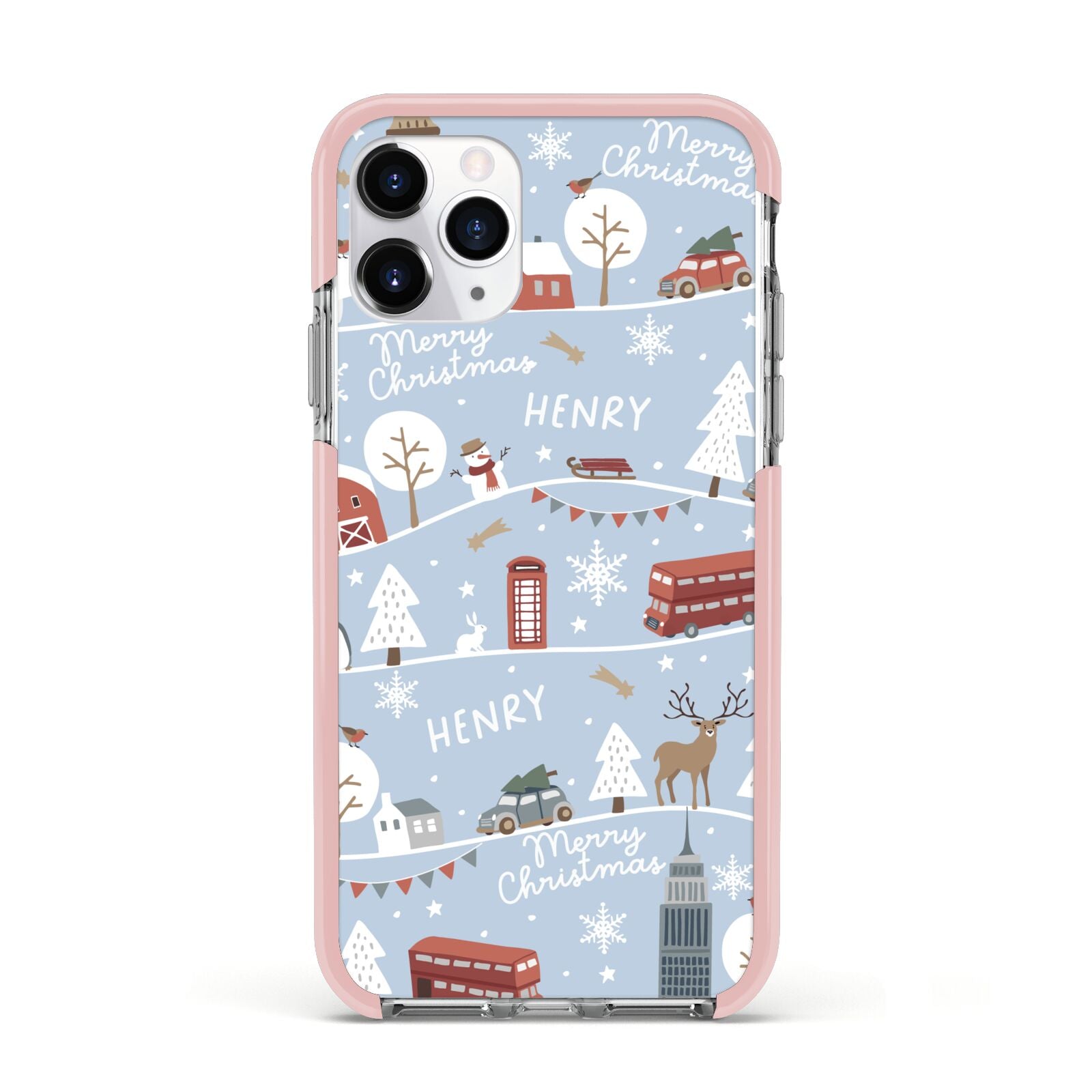 London Christmas Scene Personalised Apple iPhone 11 Pro in Silver with Pink Impact Case