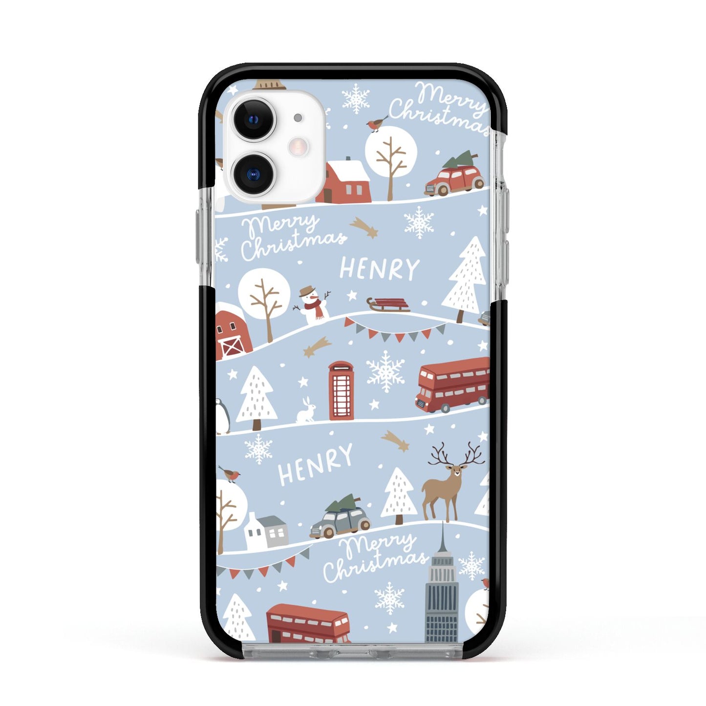 London Christmas Scene Personalised Apple iPhone 11 in White with Black Impact Case