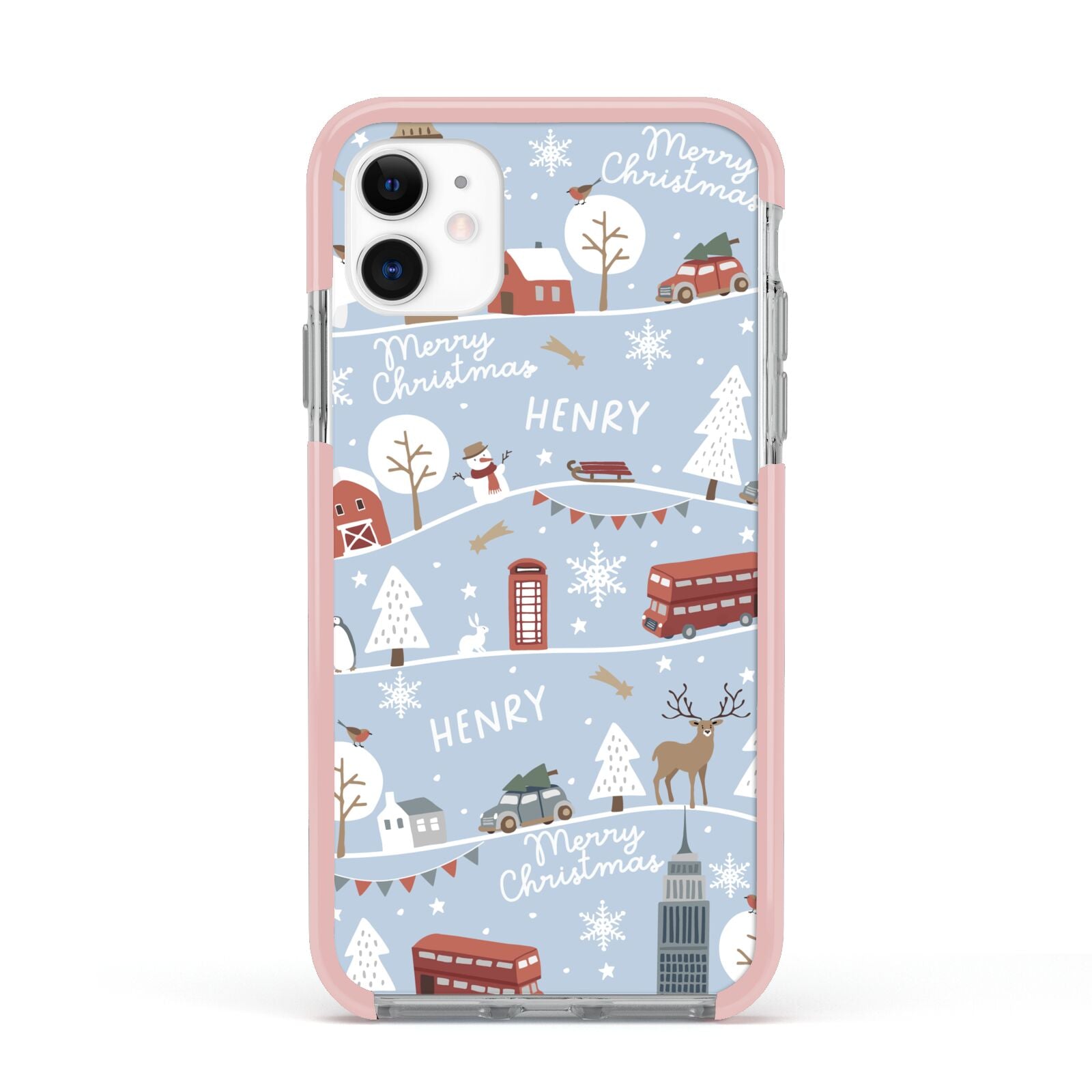 London Christmas Scene Personalised Apple iPhone 11 in White with Pink Impact Case