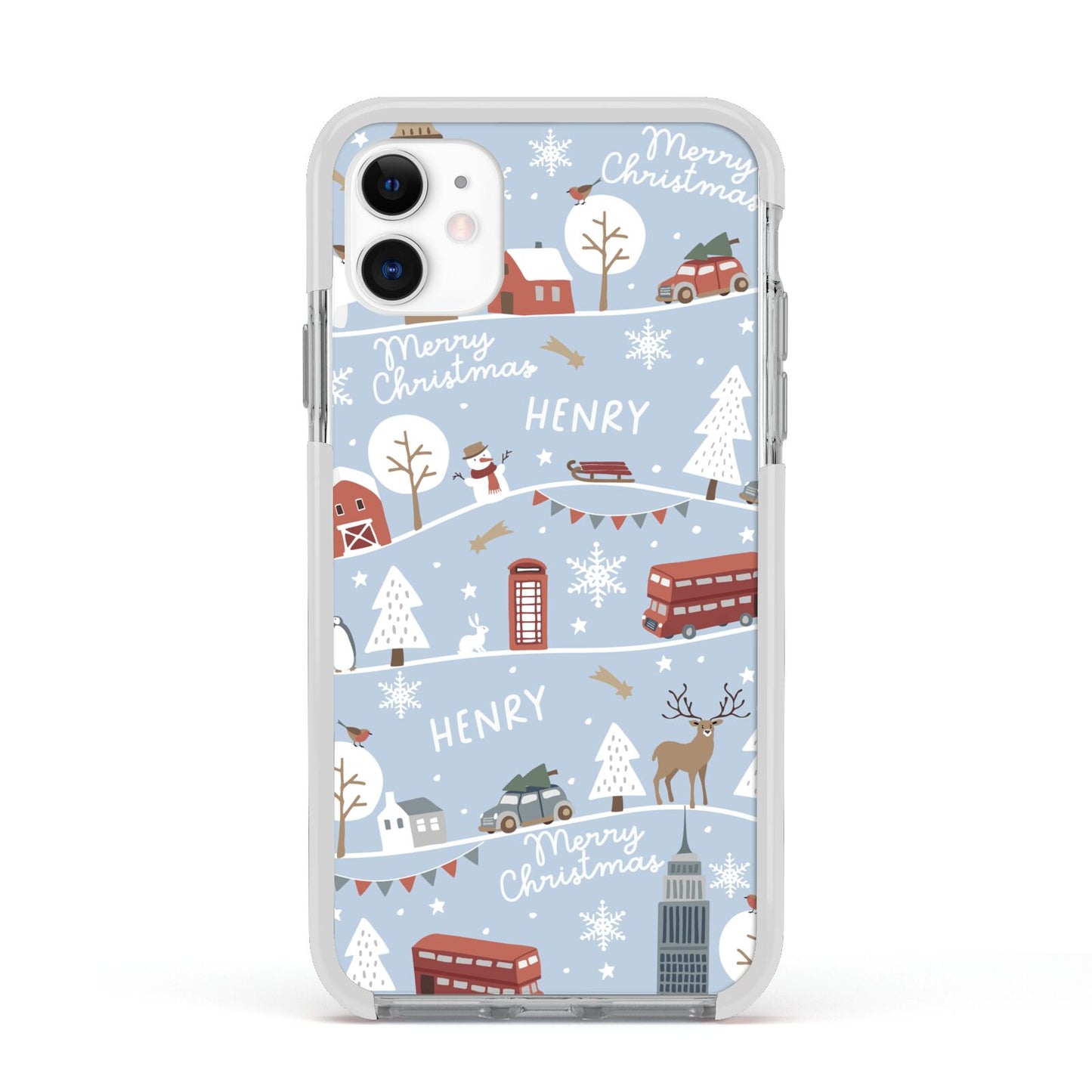 London Christmas Scene Personalised Apple iPhone 11 in White with White Impact Case