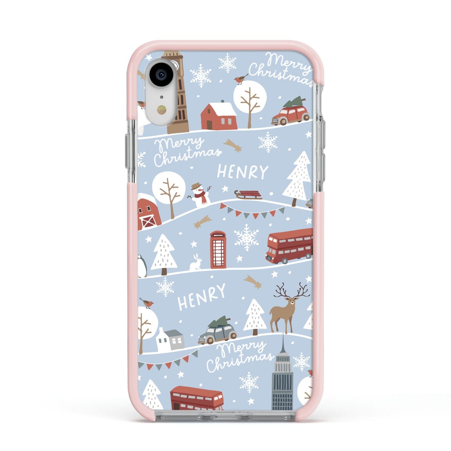 London Christmas Scene Personalised Apple iPhone XR Impact Case Pink Edge on Silver Phone