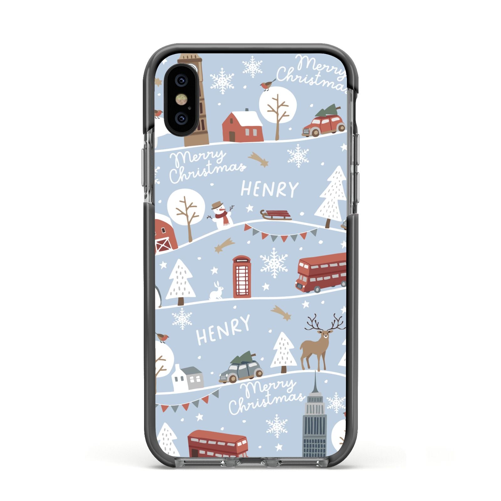 London Christmas Scene Personalised Apple iPhone Xs Impact Case Black Edge on Black Phone