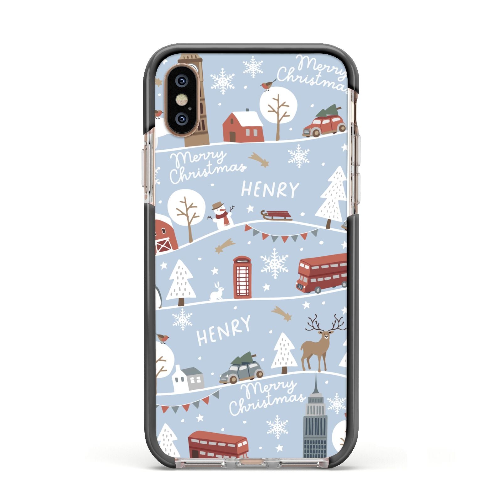 London Christmas Scene Personalised Apple iPhone Xs Impact Case Black Edge on Gold Phone