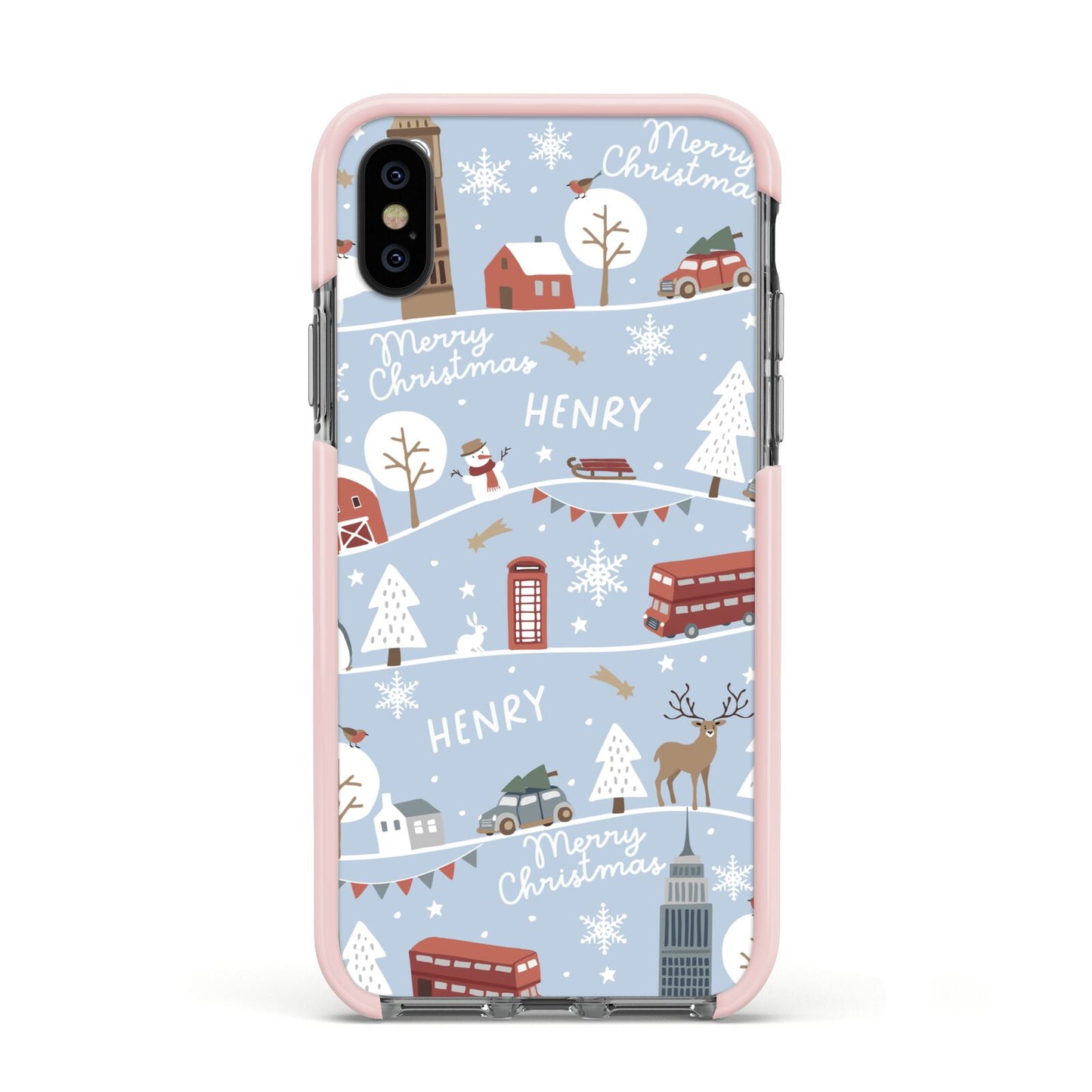 London Christmas Scene Personalised Apple iPhone Xs Impact Case Pink Edge on Black Phone