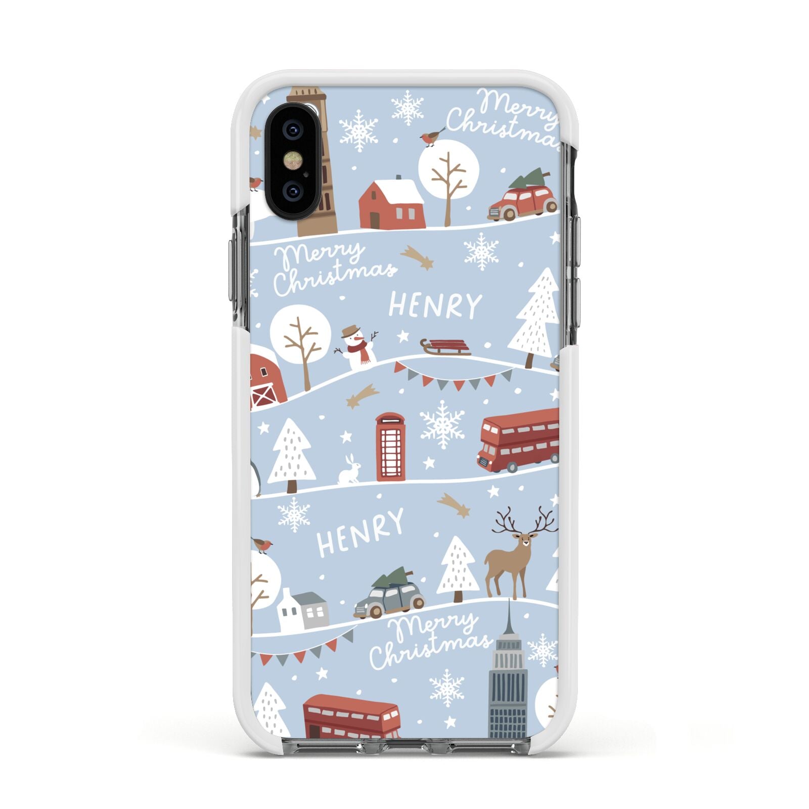 London Christmas Scene Personalised Apple iPhone Xs Impact Case White Edge on Black Phone