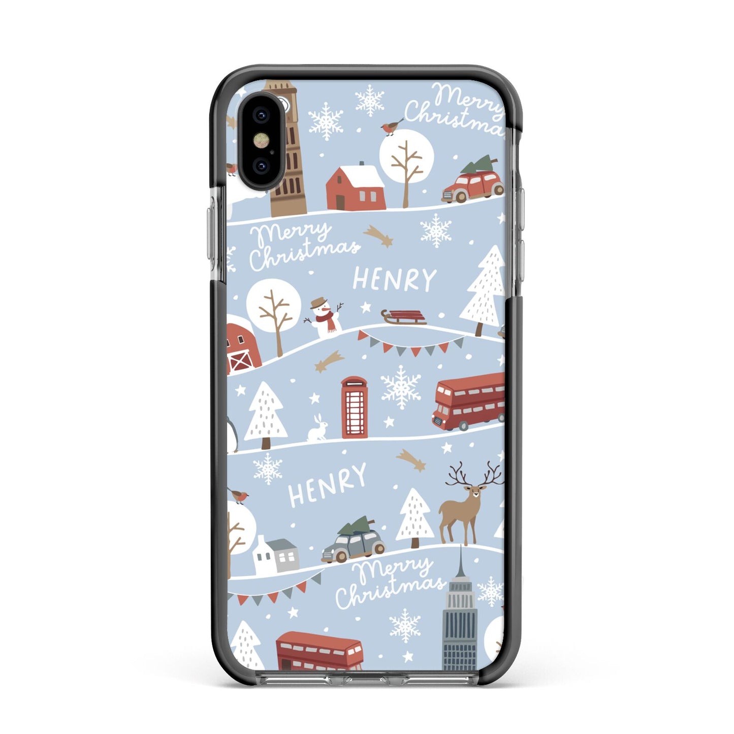 London Christmas Scene Personalised Apple iPhone Xs Max Impact Case Black Edge on Black Phone