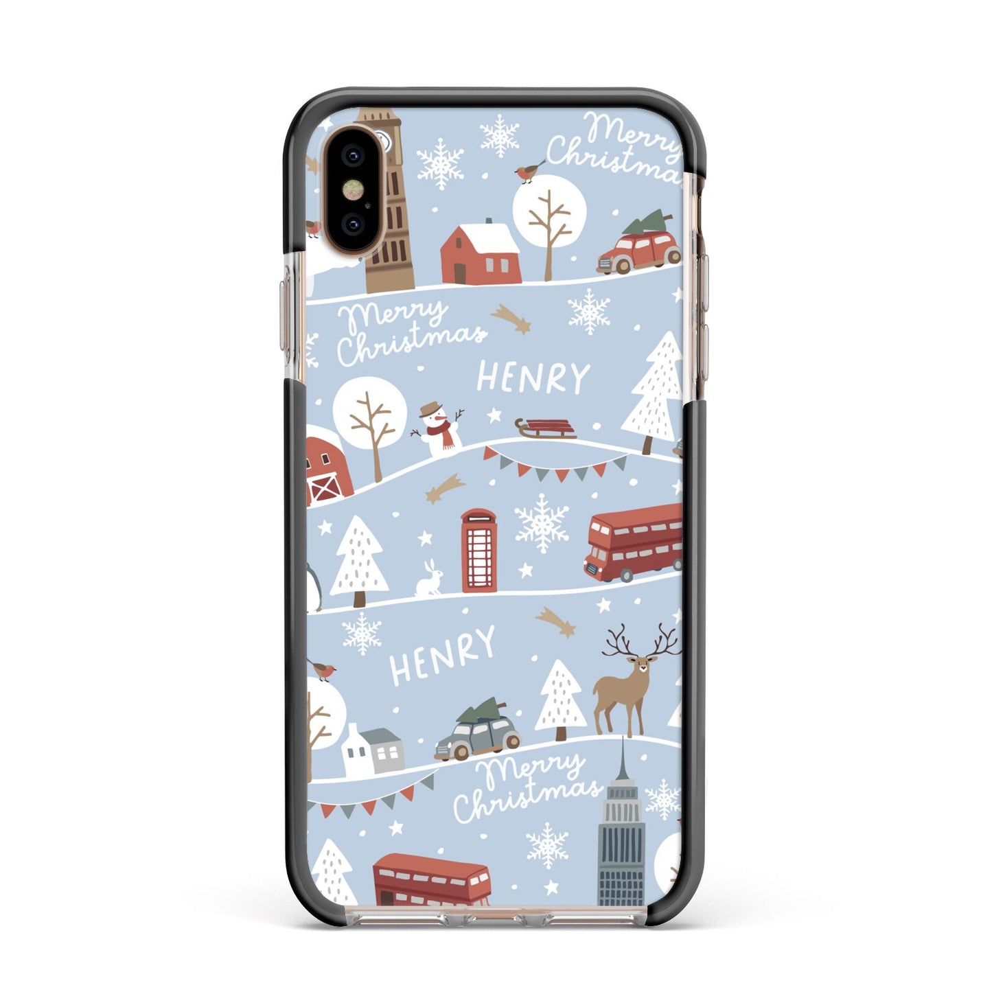 London Christmas Scene Personalised Apple iPhone Xs Max Impact Case Black Edge on Gold Phone