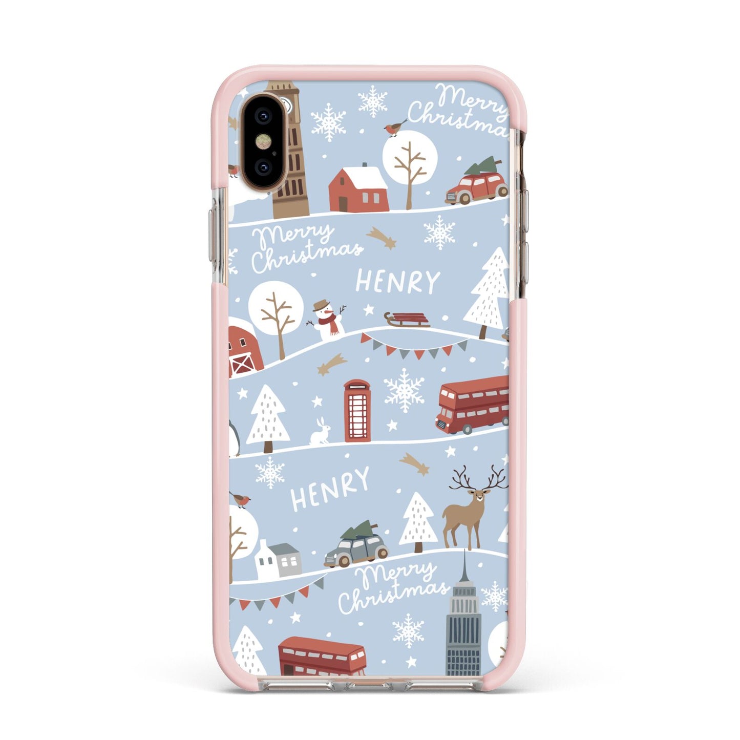 London Christmas Scene Personalised Apple iPhone Xs Max Impact Case Pink Edge on Gold Phone