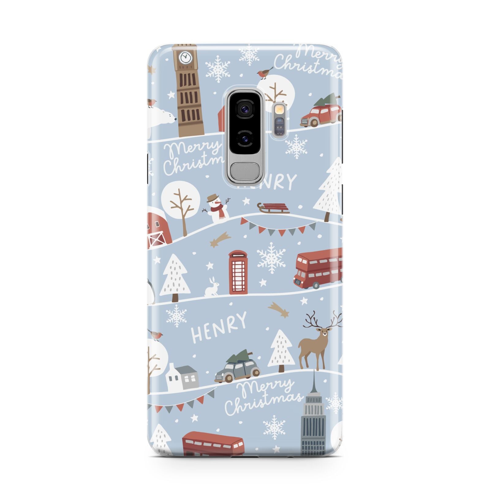 London Christmas Scene Personalised Samsung Galaxy S9 Plus Case on Silver phone