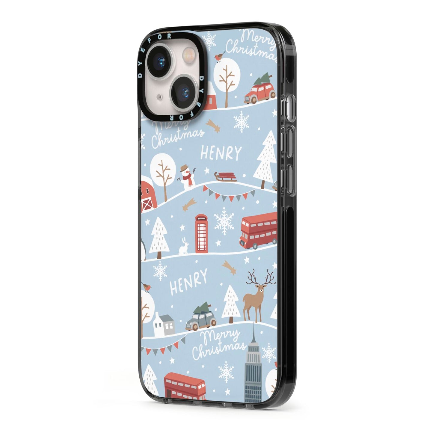 London Christmas Scene Personalised iPhone 13 Black Impact Case Side Angle on Silver phone