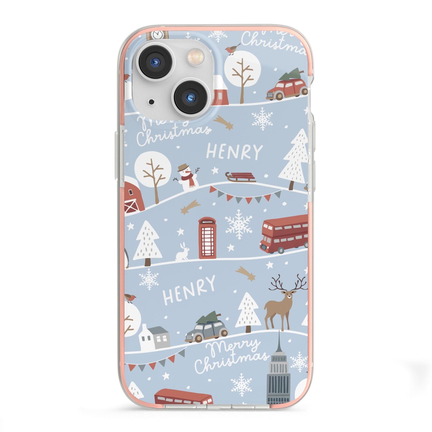 London Christmas Scene Personalised iPhone 13 Mini TPU Impact Case with Pink Edges
