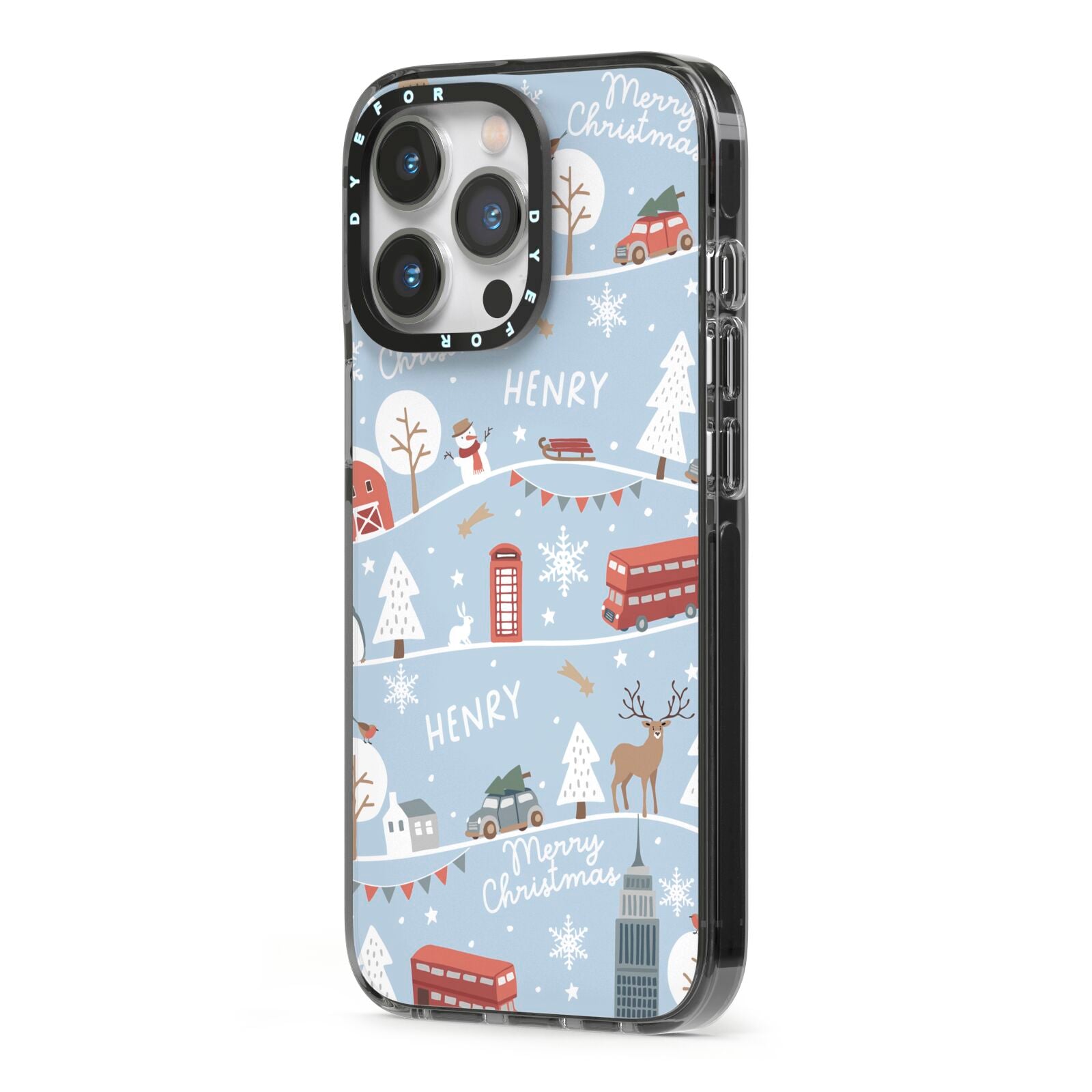 London Christmas Scene Personalised iPhone 13 Pro Black Impact Case Side Angle on Silver phone