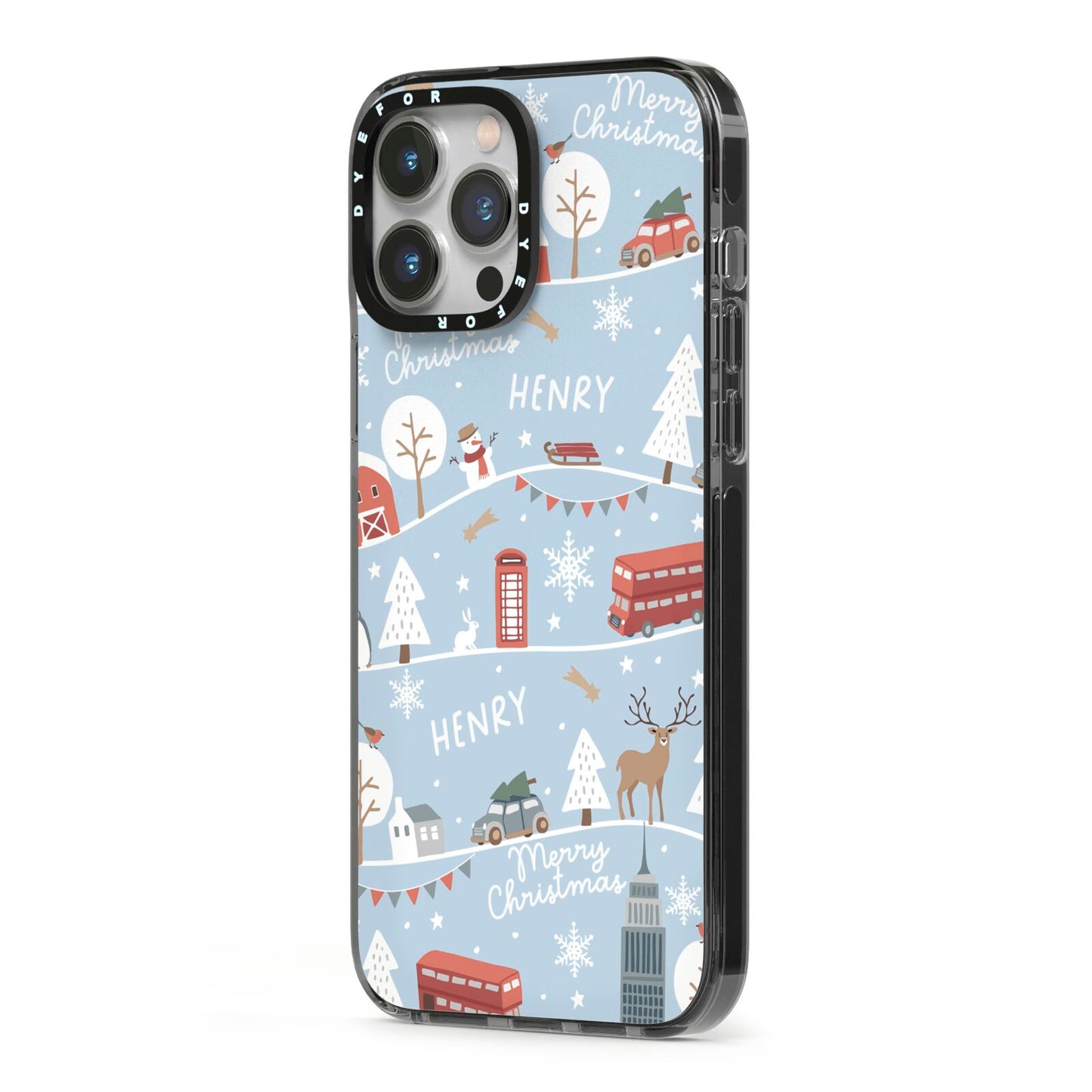 London Christmas Scene Personalised iPhone 13 Pro Max Black Impact Case Side Angle on Silver phone