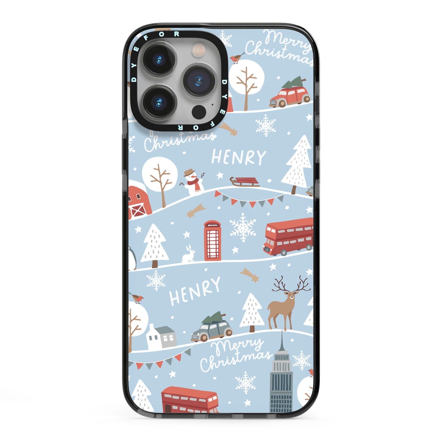 London Christmas Scene Personalised iPhone 13 Pro Max Black Impact Case on Silver phone
