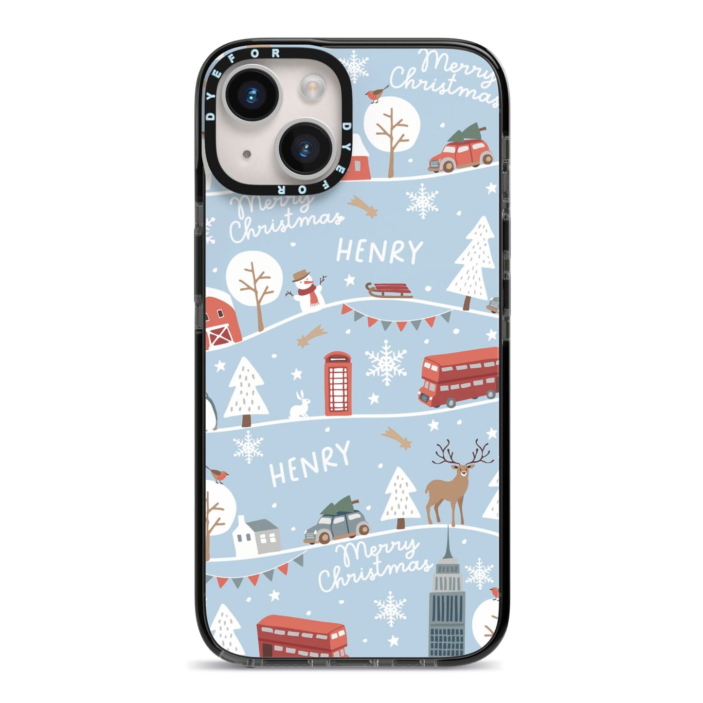 London Christmas Scene Personalised iPhone 14 Black Impact Case on Silver phone