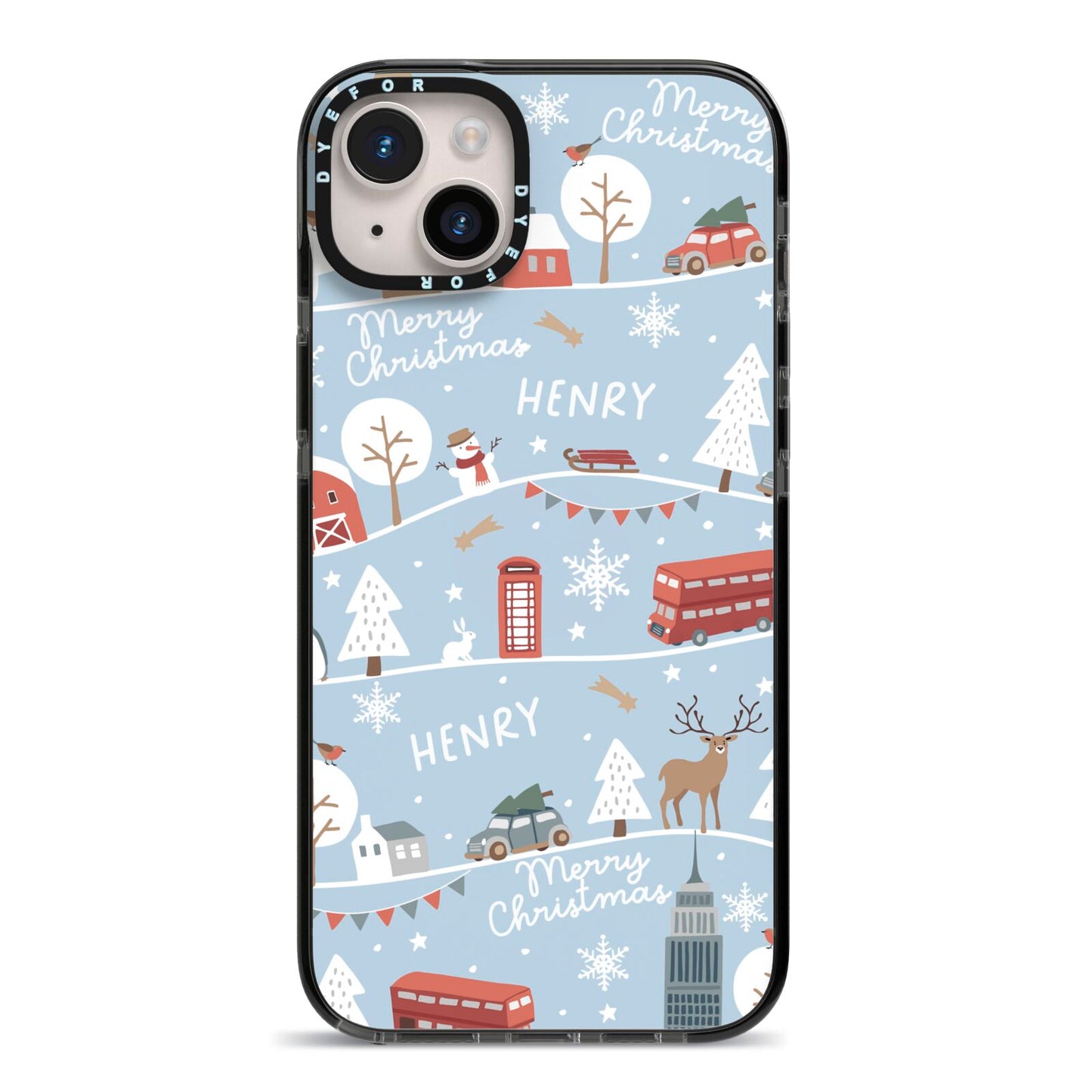 London Christmas Scene Personalised iPhone 14 Plus Black Impact Case on Silver phone