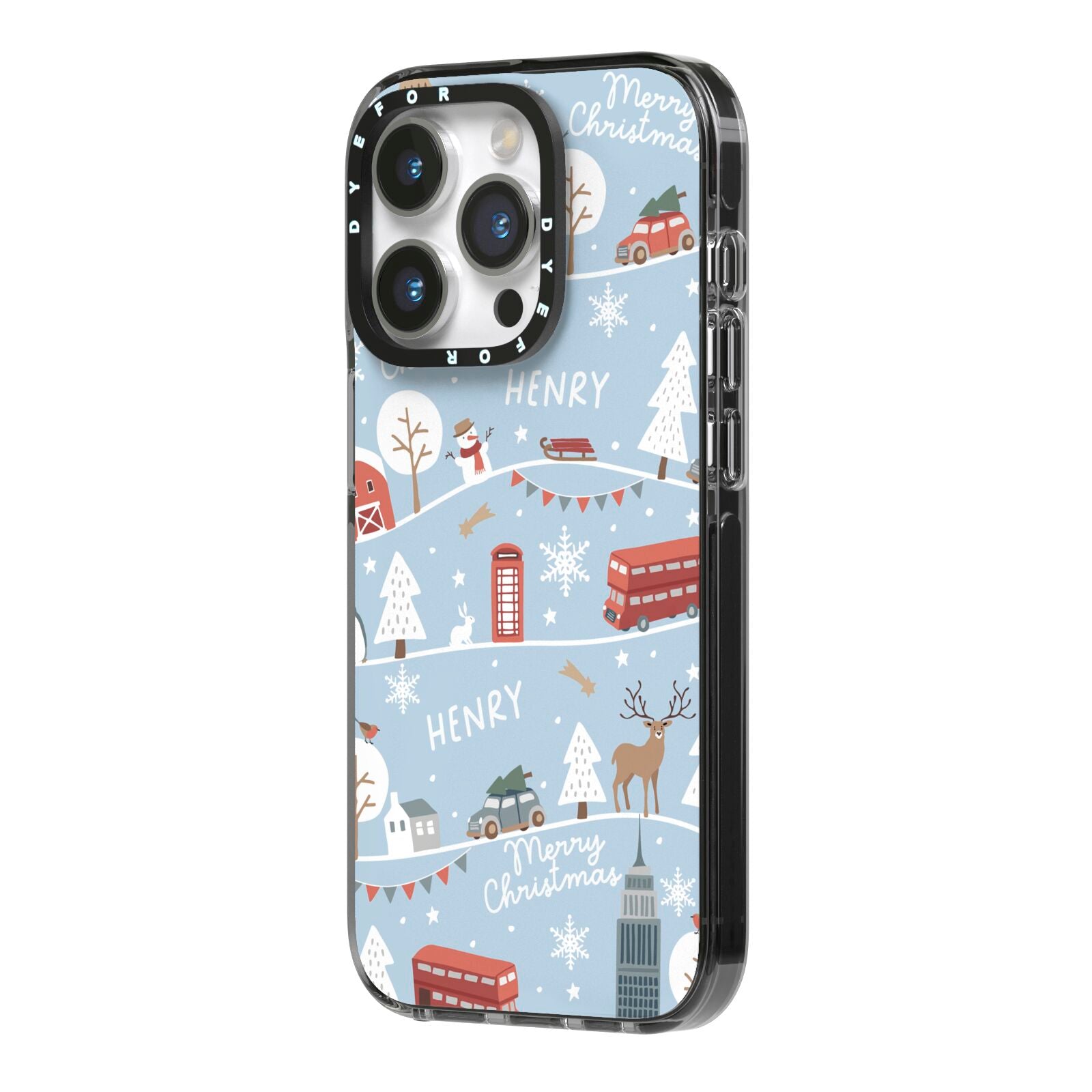 London Christmas Scene Personalised iPhone 14 Pro Black Impact Case Side Angle on Silver phone