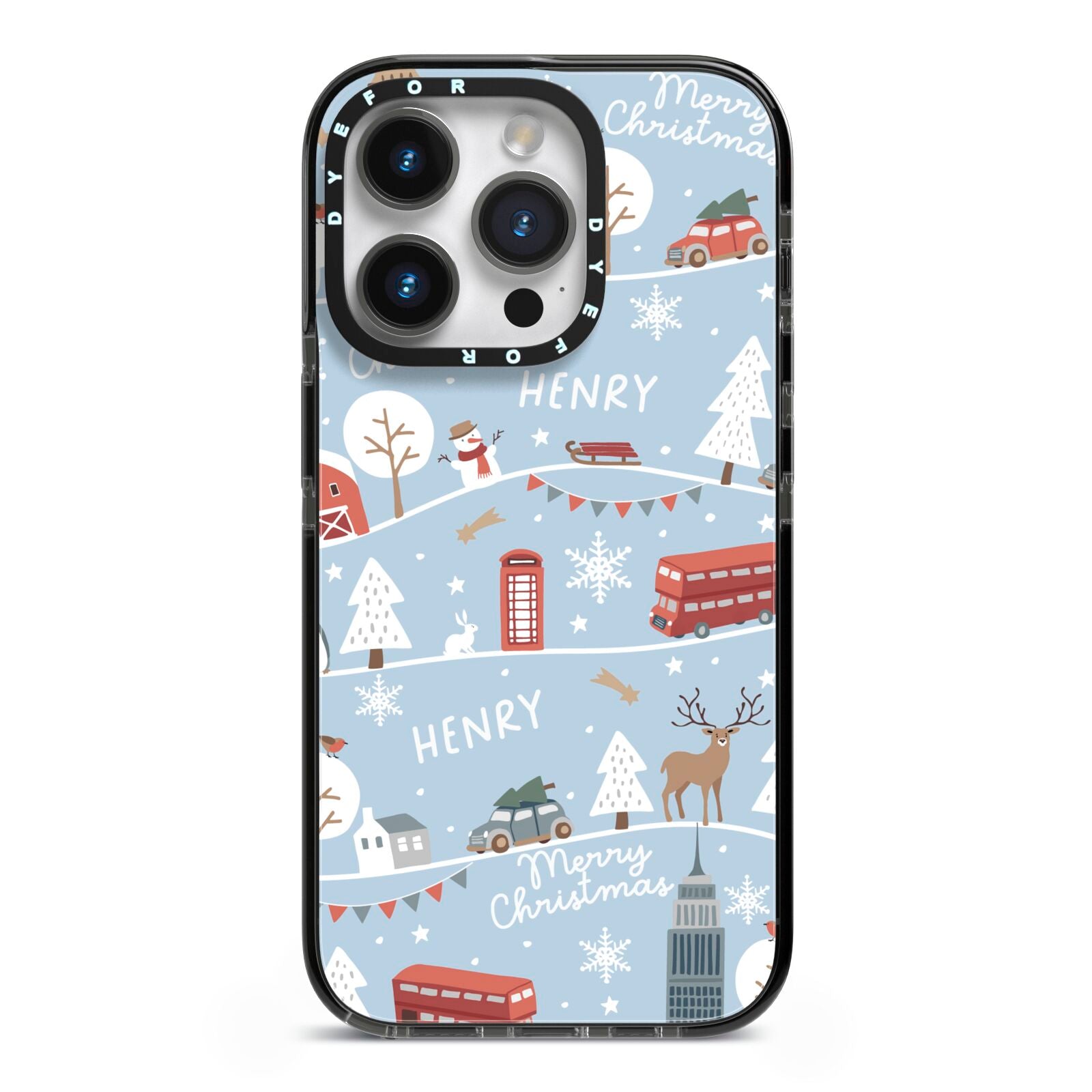 London Christmas Scene Personalised iPhone 14 Pro Black Impact Case on Silver phone