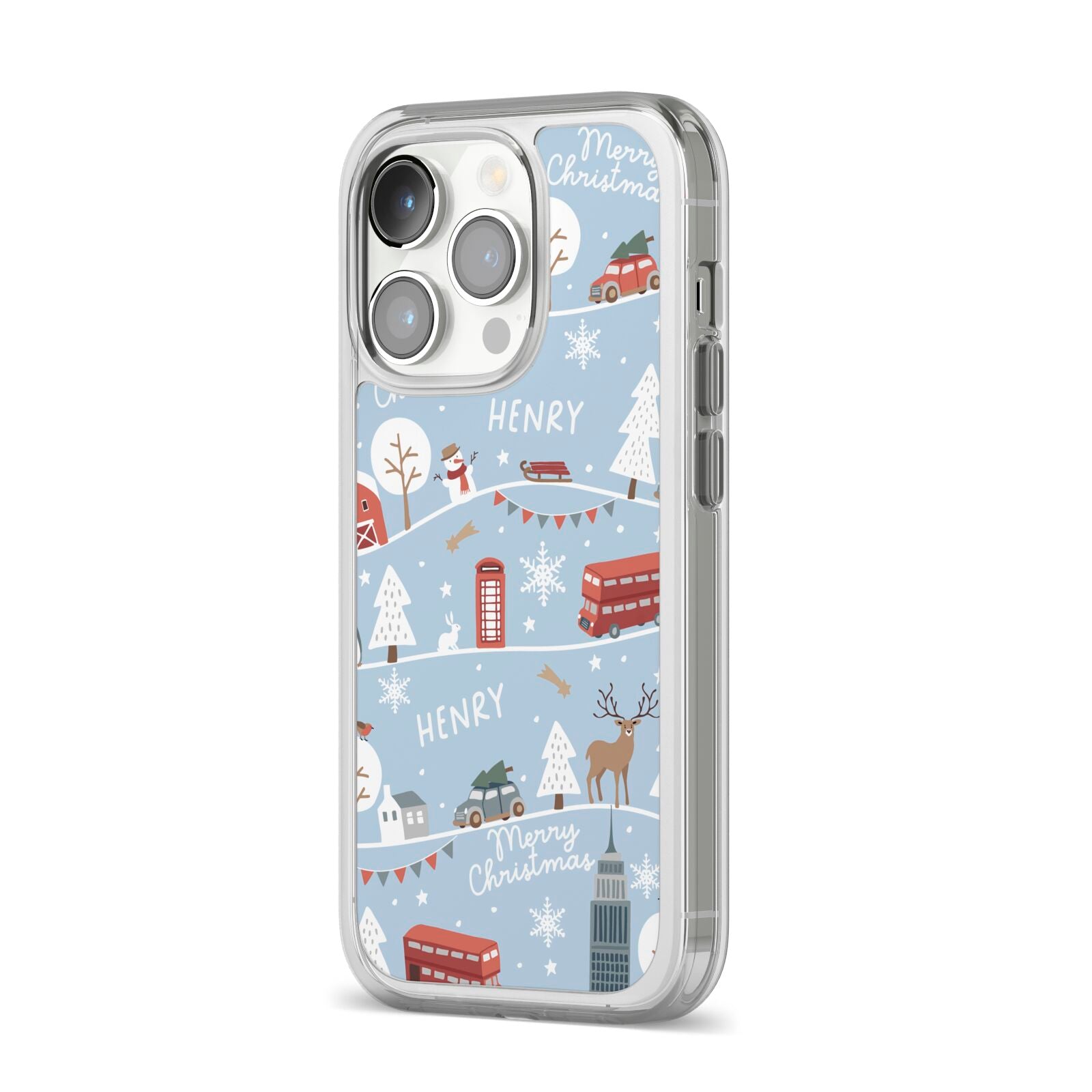 London Christmas Scene Personalised iPhone 14 Pro Clear Tough Case Silver Angled Image