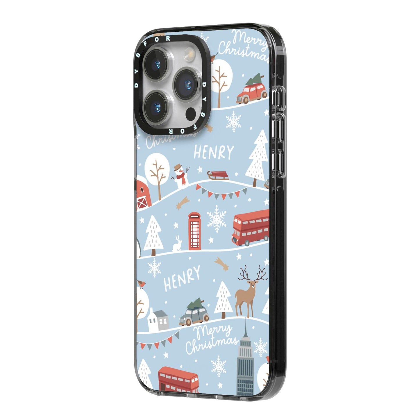 London Christmas Scene Personalised iPhone 14 Pro Max Black Impact Case Side Angle on Silver phone