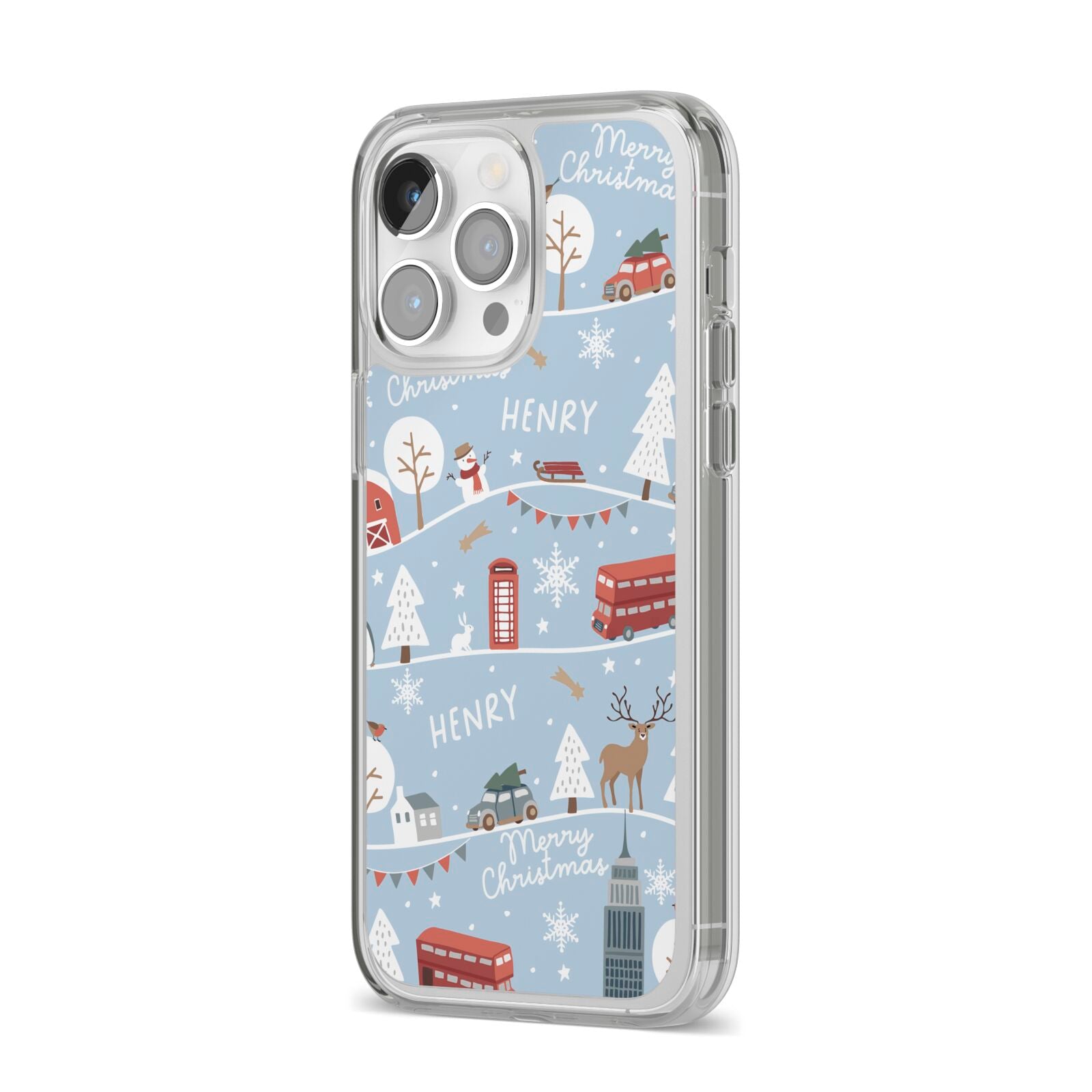 London Christmas Scene Personalised iPhone 14 Pro Max Clear Tough Case Silver Angled Image
