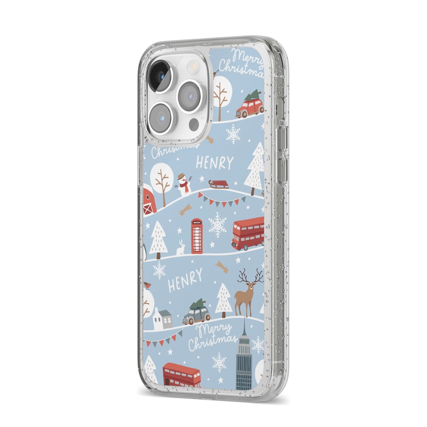 London Christmas Scene Personalised iPhone 14 Pro Max Glitter Tough Case Silver Angled Image