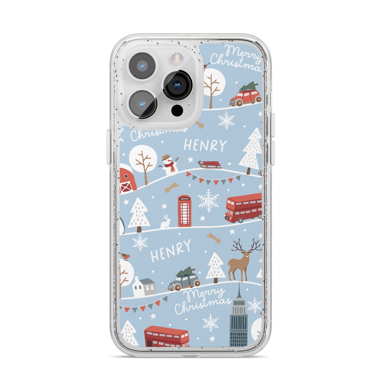 London Christmas Scene Personalised iPhone 14 Pro Max Glitter Tough Case Silver