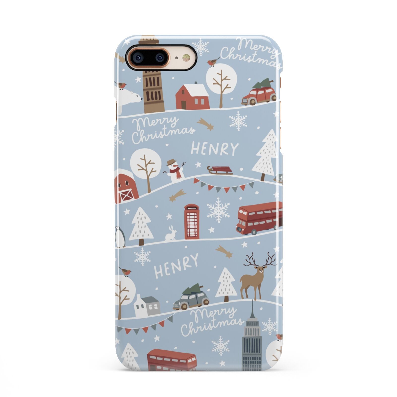 London Christmas Scene Personalised iPhone 8 Plus 3D Snap Case on Gold Phone