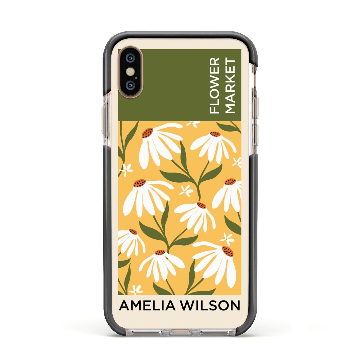 London Flower Market Apple iPhone Xs Impact Case Black Edge on Gold Phone