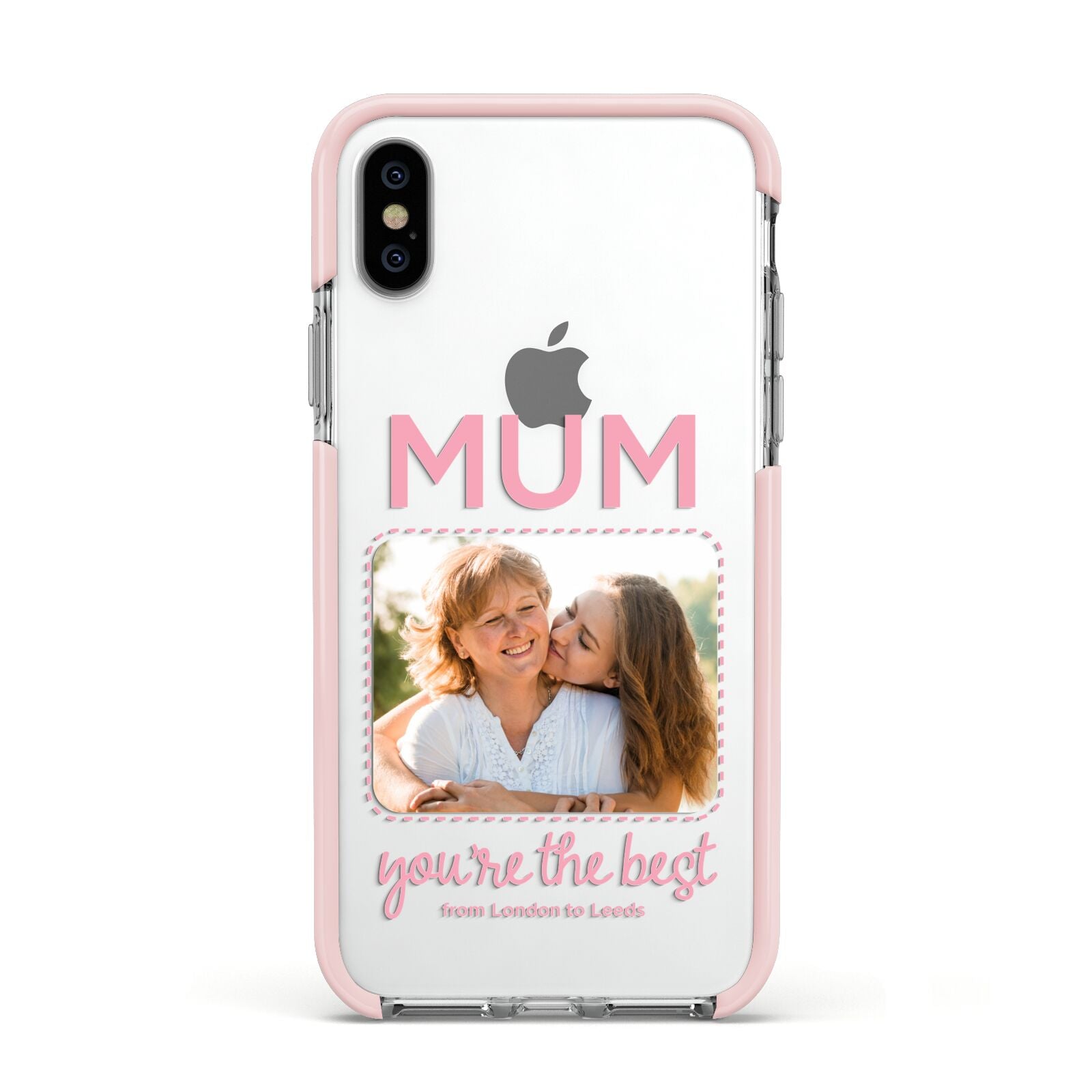 Long Distance Mothers Day Photo Apple iPhone Xs Impact Case Pink Edge on Silver Phone