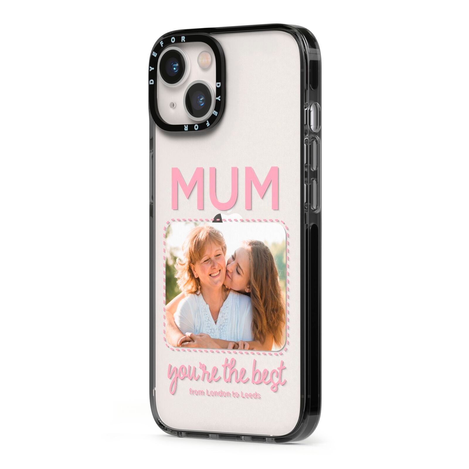 Long Distance Mothers Day Photo iPhone 13 Black Impact Case Side Angle on Silver phone