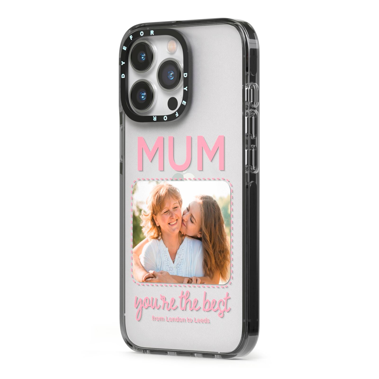 Long Distance Mothers Day Photo iPhone 13 Pro Black Impact Case Side Angle on Silver phone