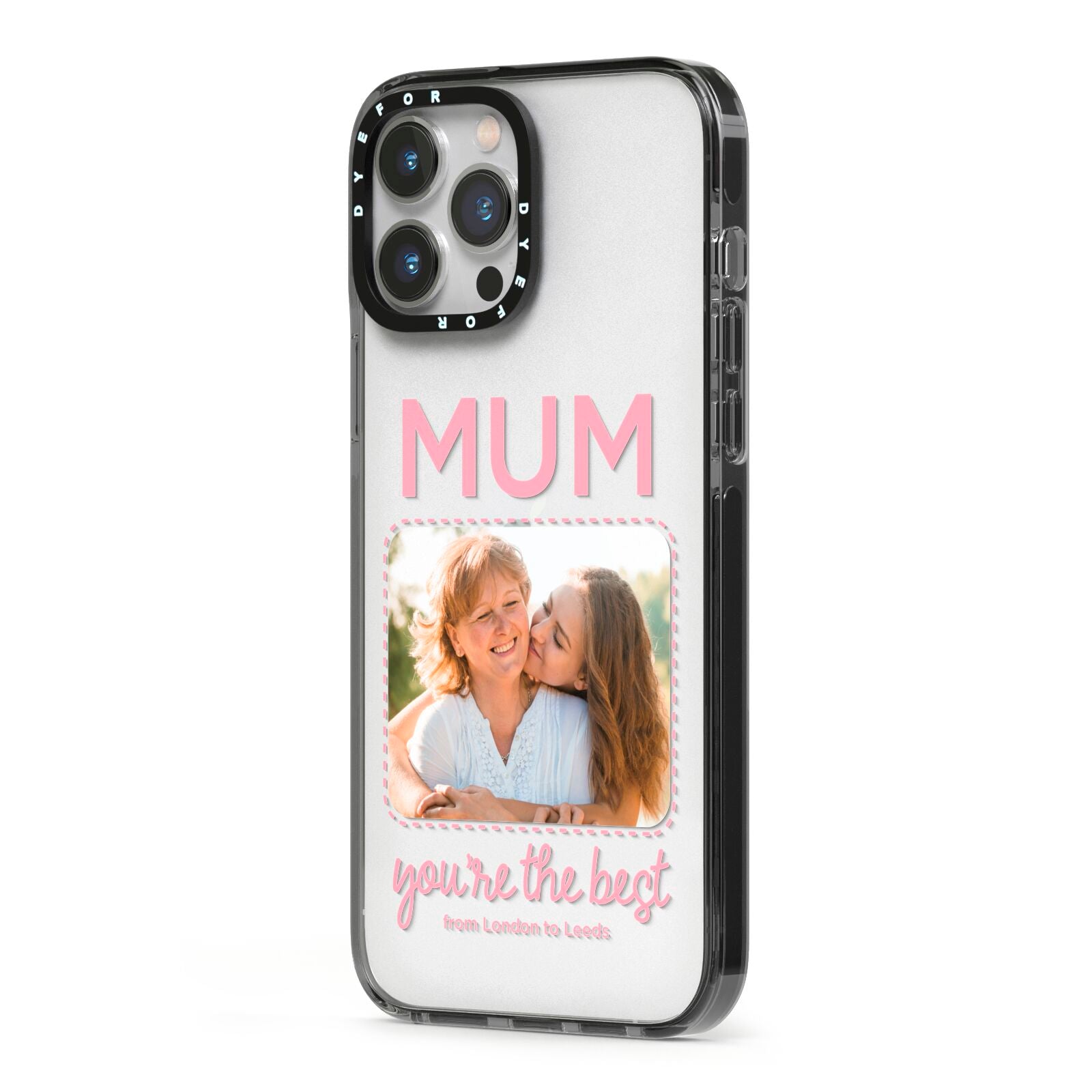 Long Distance Mothers Day Photo iPhone 13 Pro Max Black Impact Case Side Angle on Silver phone