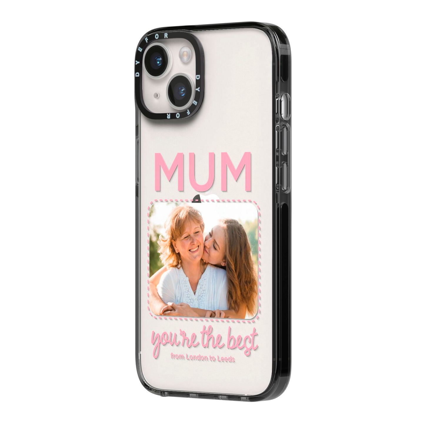 Long Distance Mothers Day Photo iPhone 14 Black Impact Case Side Angle on Silver phone