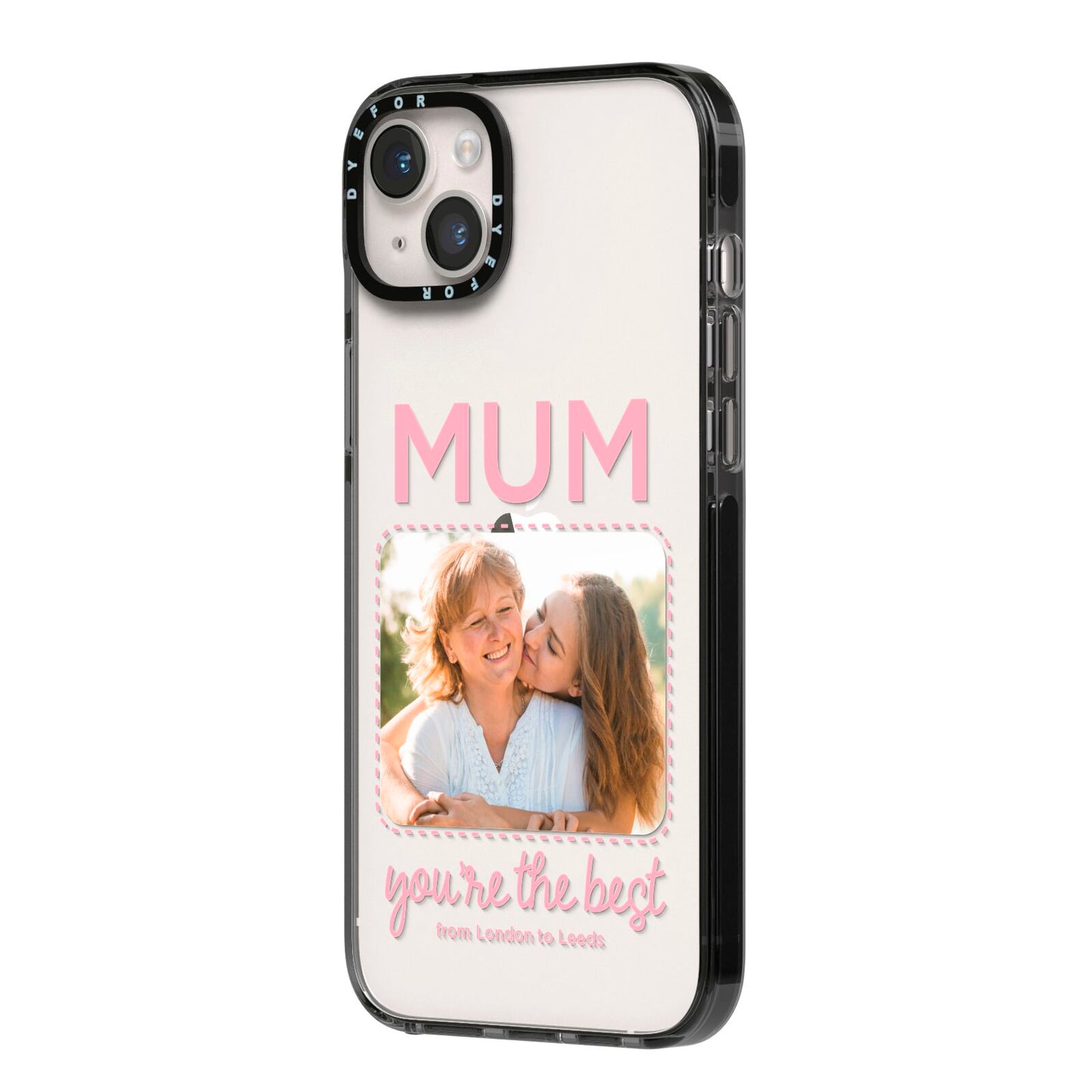 Long Distance Mothers Day Photo iPhone 14 Plus Black Impact Case Side Angle on Silver phone