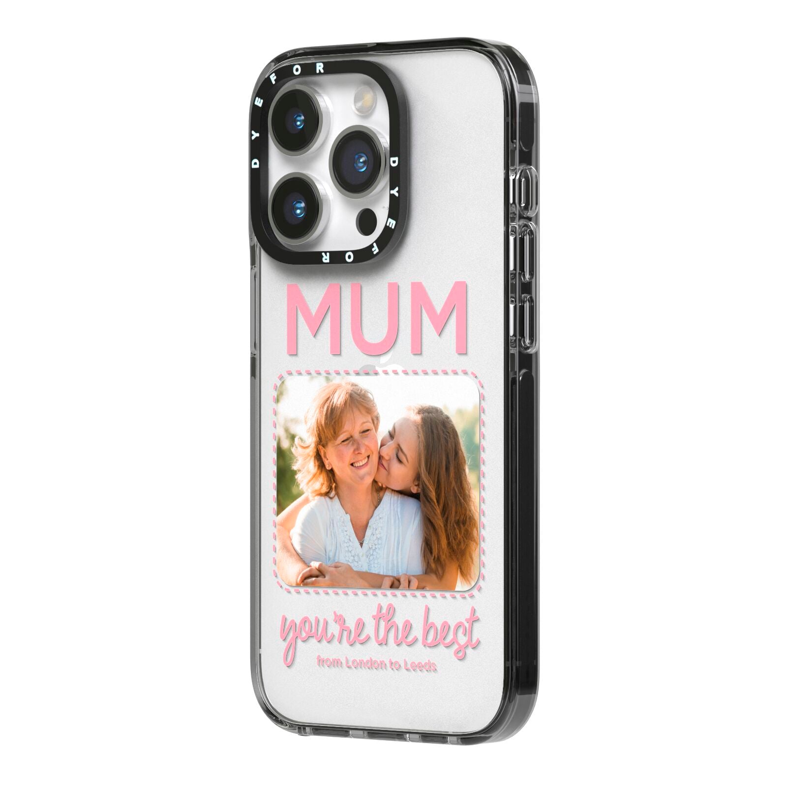 Long Distance Mothers Day Photo iPhone 14 Pro Black Impact Case Side Angle on Silver phone