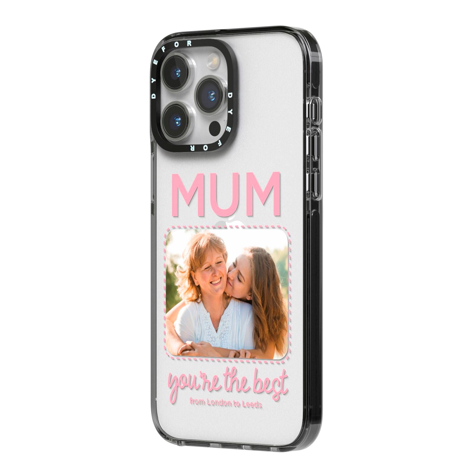 Long Distance Mothers Day Photo iPhone 14 Pro Max Black Impact Case Side Angle on Silver phone