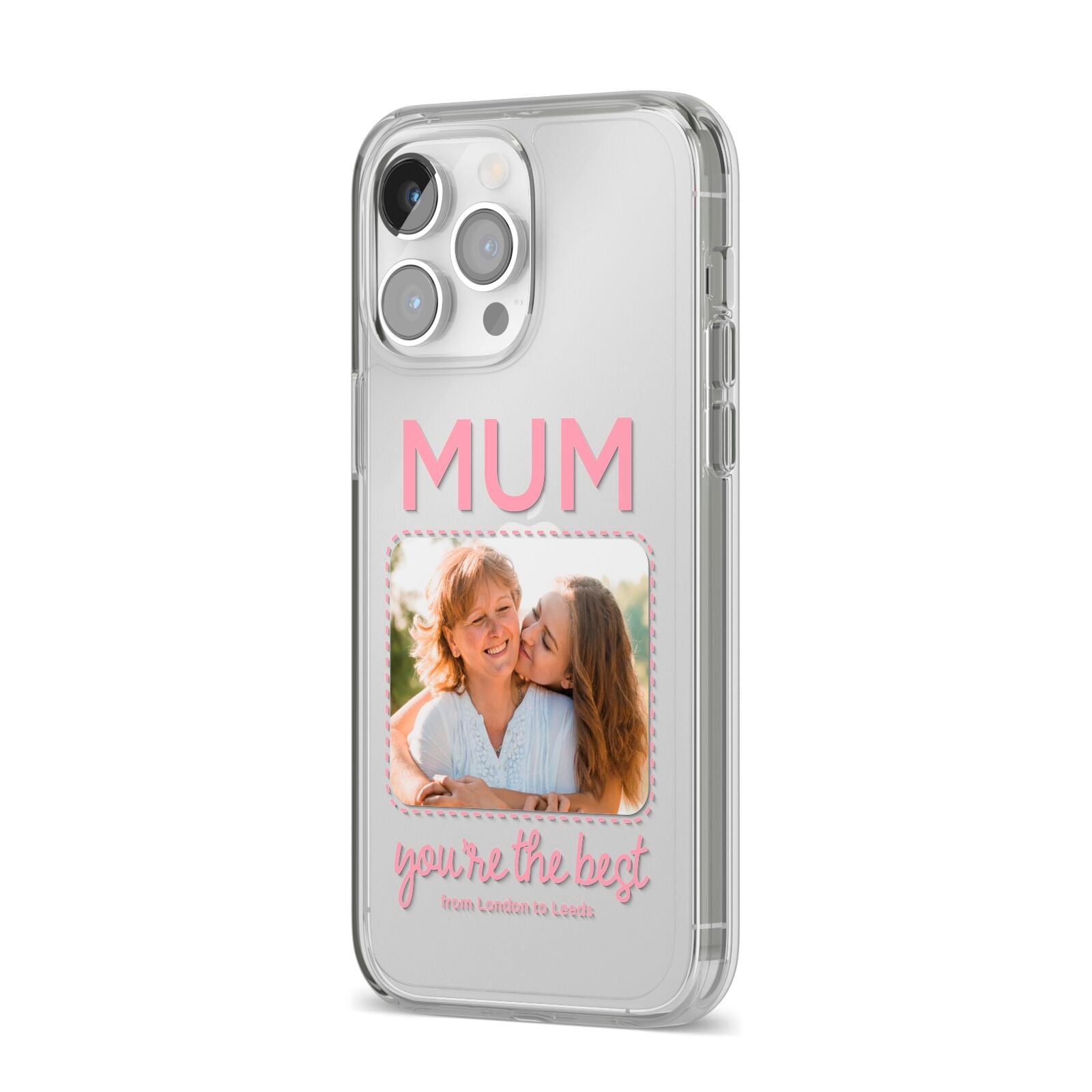 Long Distance Mothers Day Photo iPhone 14 Pro Max Clear Tough Case Silver Angled Image