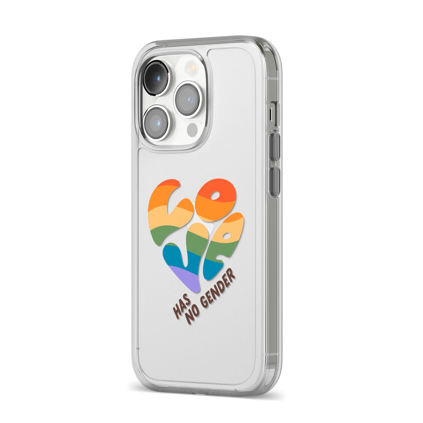 Love Has No Gender iPhone 14 Pro Clear Tough Case Silver Angled Image