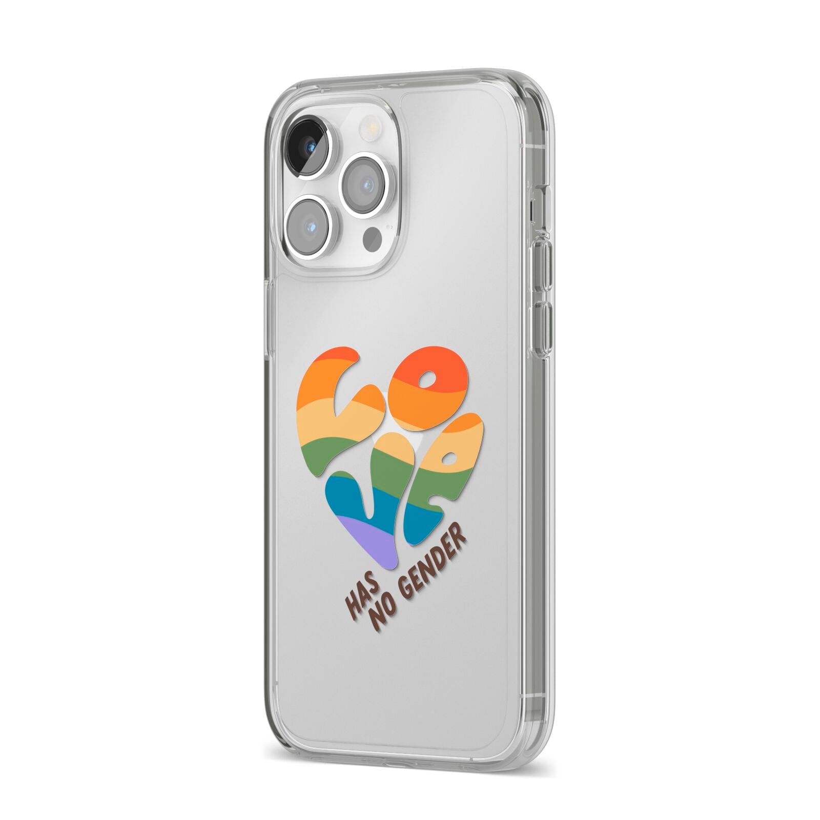 Love Has No Gender iPhone 14 Pro Max Clear Tough Case Silver Angled Image