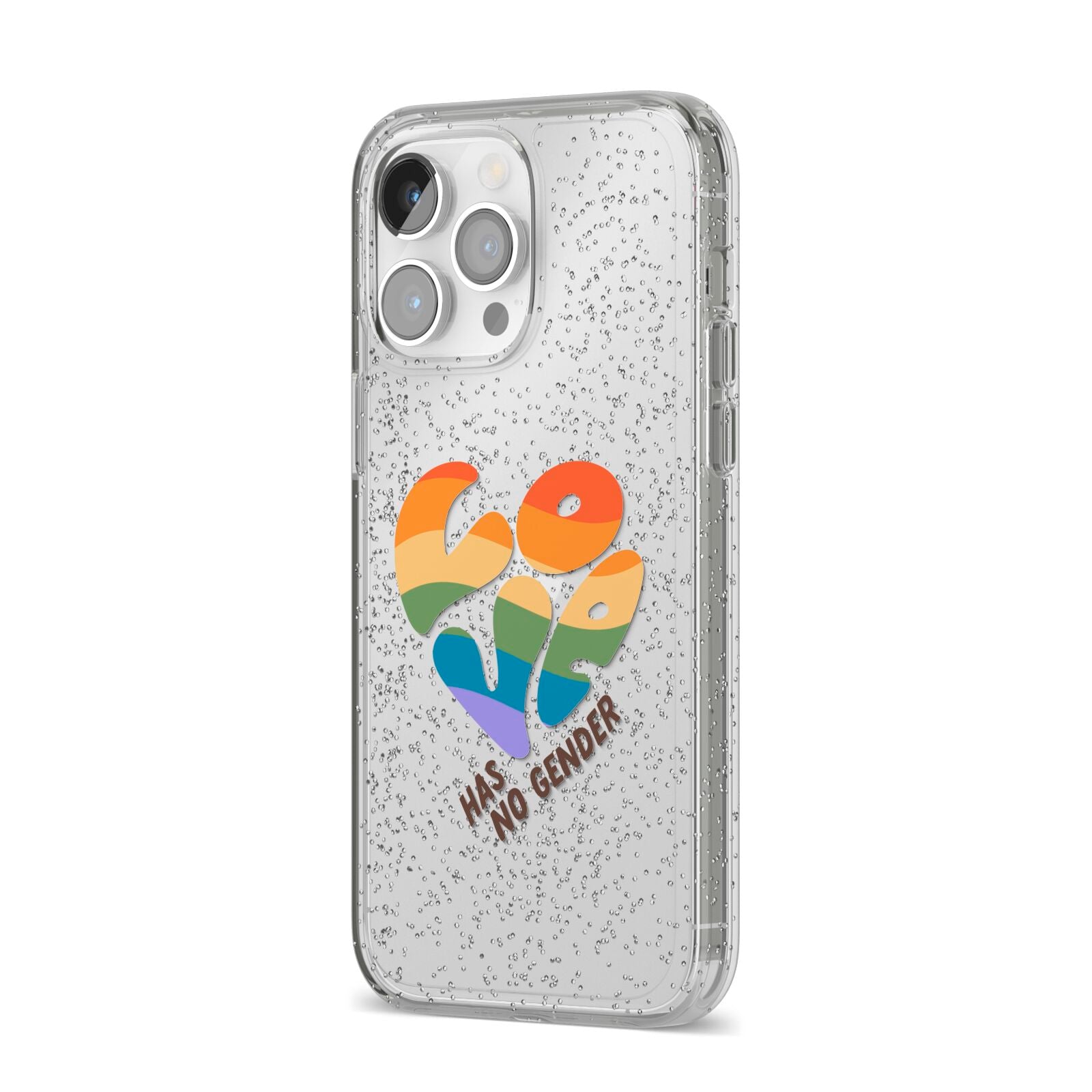 Love Has No Gender iPhone 14 Pro Max Glitter Tough Case Silver Angled Image